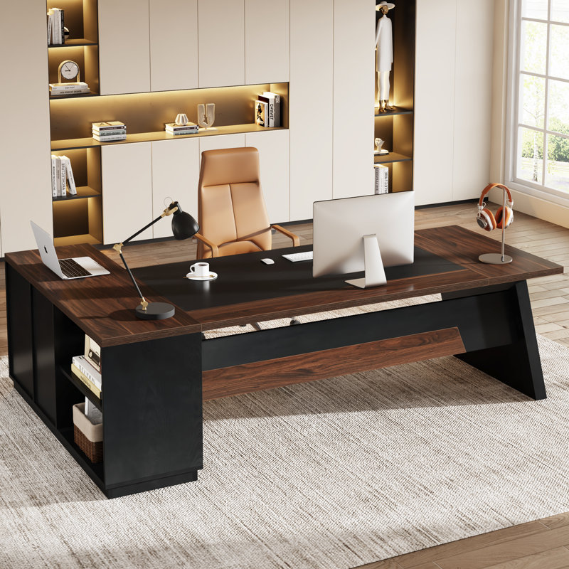 L Shaped Executive Office Desk with Drawers and File Cabinet Latitude Run Color Top Frame Light Walnut Black